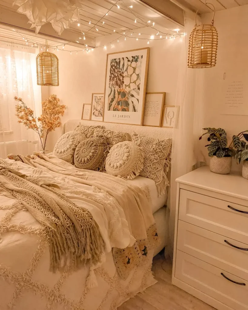 Cozy boho chic bedroom with beige and cream decor, string lights, framed art above the bed, textured pillows, woven lampshades, plants on a dresser, and soft natural light.