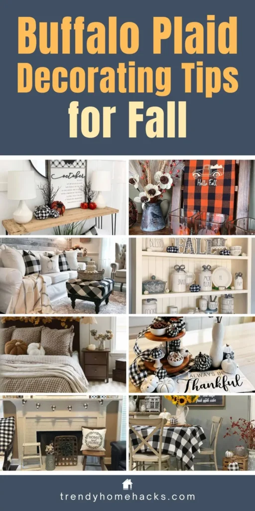 Collage of fall home decor featuring buffalo plaid accents, including table settings, throw pillows, entryway decor, mantel styling, and kitchen displays in black, white, and orange plaid patterns.
