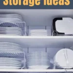 Open kitchen cabinets showcasing neatly organized dishes on shelf inserts and racks with creative storage solutions for a tidy kitchen.