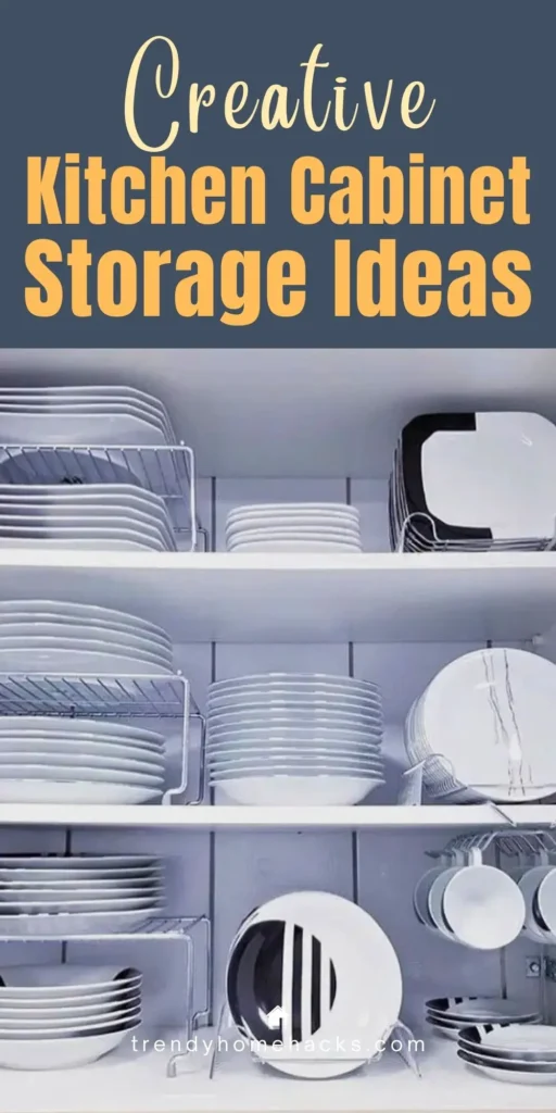 Open kitchen cabinets showcasing neatly organized dishes on shelf inserts and racks with creative storage solutions for a tidy kitchen.