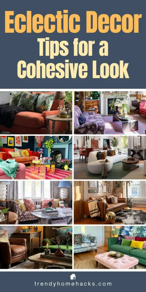 Collage of eclectic living rooms featuring colorful furniture, mixed patterns, layered textures, and decor demonstrating how to create a cohesive look in eclectic home design.