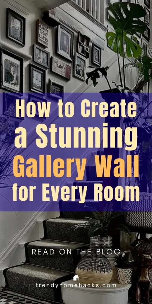Stylish staircase gallery wall decorated with black-framed family photos and artwork, accented by lush green plants and patterned vases, showcasing creative wall decor ideas for every room in the home.