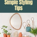 Boho entryway decorated with a wooden console table, plants, natural woven wall hooks, and an organic-shaped mirror, styled in a warm and inviting modern bohemian look.