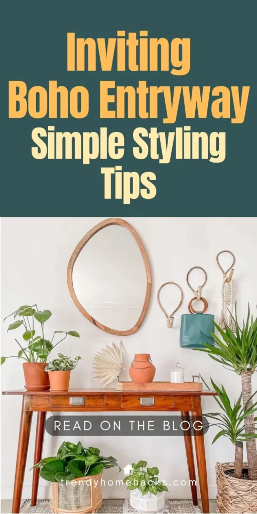 Boho entryway decorated with a wooden console table, plants, natural woven wall hooks, and an organic-shaped mirror, styled in a warm and inviting modern bohemian look.
