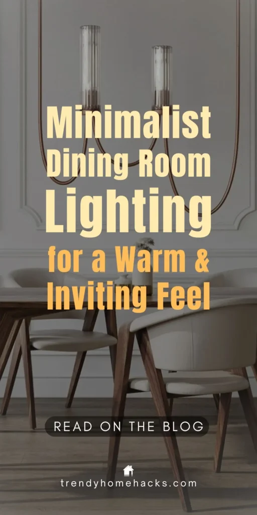 A modern minimalist dining room with warm wood furniture and a sleek pendant light fixture hanging above the table, creating a cozy and inviting atmosphere.