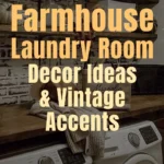 Rustic farmhouse laundry room with wood shelves, vintage bottles, brick backsplash, and white washer and dryer.