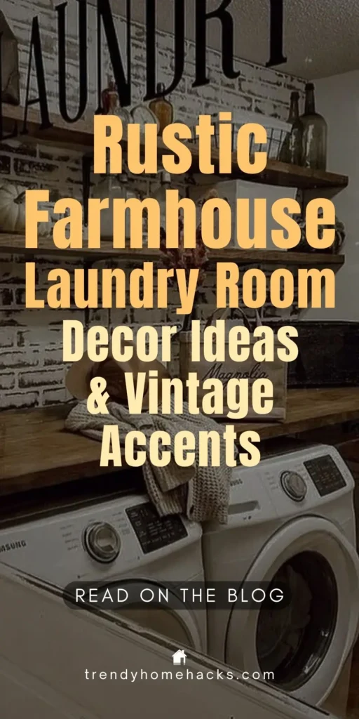 Rustic farmhouse laundry room with wood shelves, vintage bottles, brick backsplash, and white washer and dryer.
