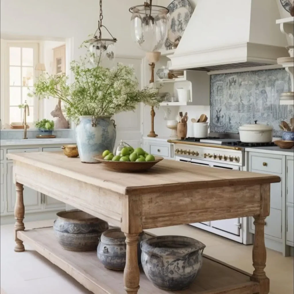 A kitchen with a rustic island, a vase of greenery, a bowl of green apples, blue-and-white pottery, and white cabinetry with a stove and decorative backsplash in the background.