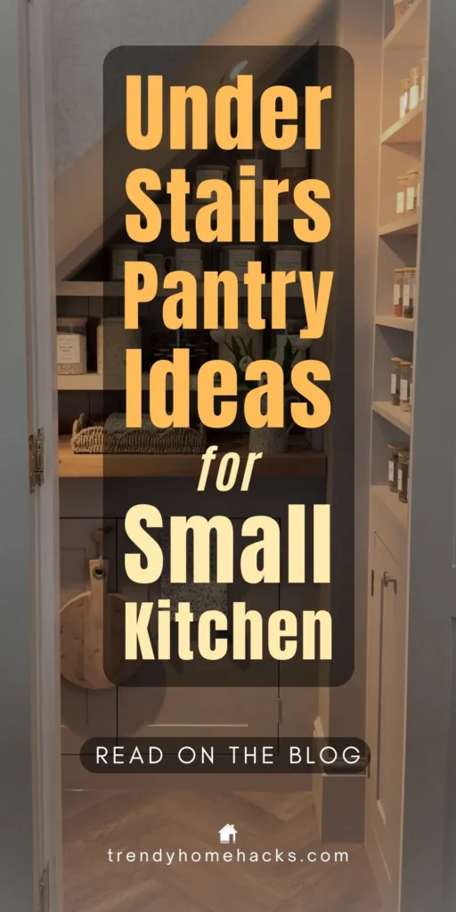 Under stairs pantry with shelves, labeled jars, and organized storage in a small kitchen area.
