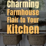 Warm farmhouse-style kitchen with wood accents, woven stools, black pendant lights, and inviting rustic décor.