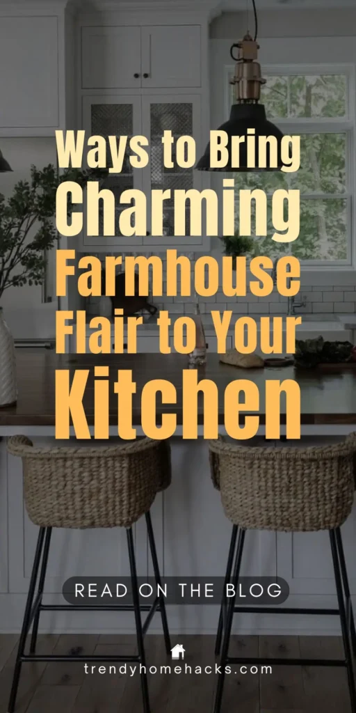 Warm farmhouse-style kitchen with wood accents, woven stools, black pendant lights, and inviting rustic décor.