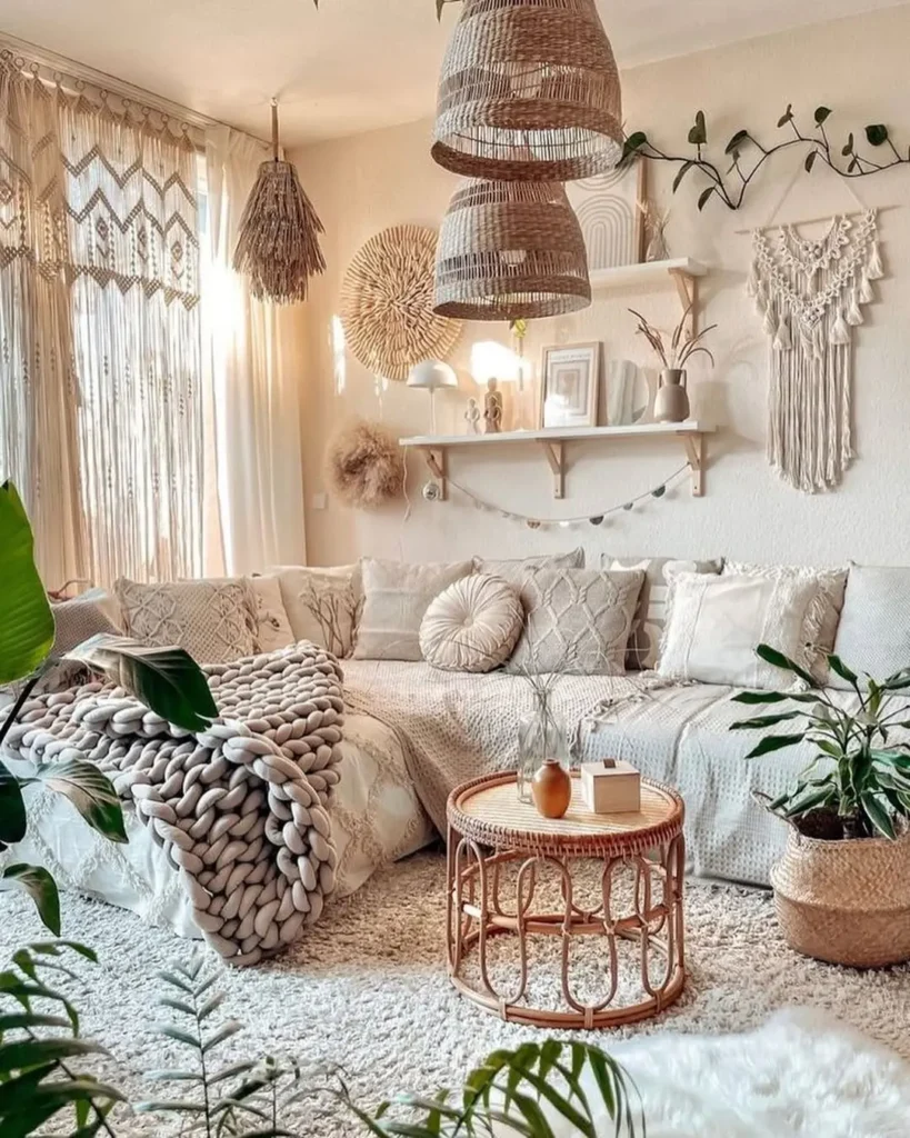 A cozy bohemian living room with neutral-toned décor, textured blankets, woven lamps, wall hangings, plants, and a round rattan coffee table on a plush rug.