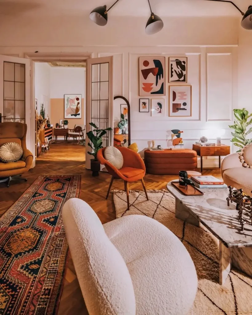 Cozy living room with modern, retro, and bohemian furniture, abstract wall art, indoor plants, and warm lighting, leading into a dining area with similar decor.