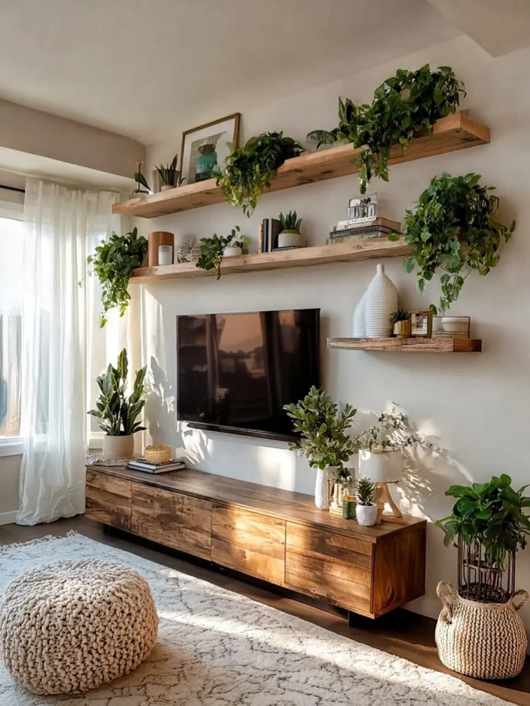 A living room with bohemian greenery, a wall-mounted TV, wooden shelves displaying potted plants and decor, a wooden cabinet, a pouf, and sunlight streaming through sheer curtains.