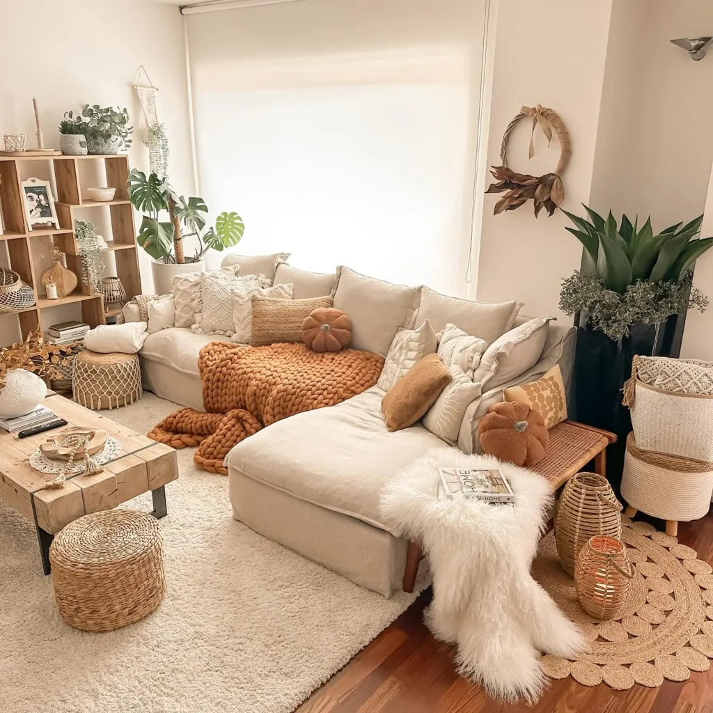 A cozy bohemian-inspired living room with a beige sectional sofa, textured pillows, orange throw, wooden coffee table, plants, and wicker decor on a plush white rug and hardwood floor.