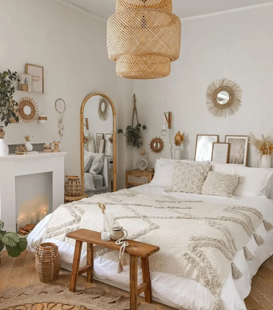 A cozy, bohemian bedroom with a large bed, wooden bench, woven decor, a full-length mirror, and neutral tones with natural textures and decorative accents.