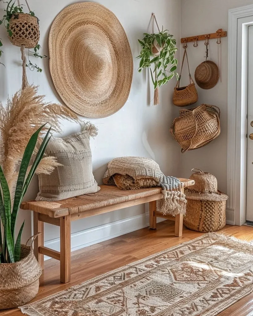 A warm bohemian mudroom decorated with woven baskets, a natural wood bench, neutral textured pillows, hanging plants, pampas grass, and a patterned boho runner rug for a relaxed, earthy entryway look.