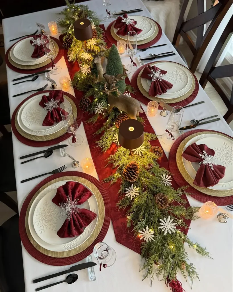 A rectangular table set for six with red napkins folded on white plates, festive greenery, pinecones, candles, and deer figurines as the centerpiece creates a charming Christmas-themed arrangement.