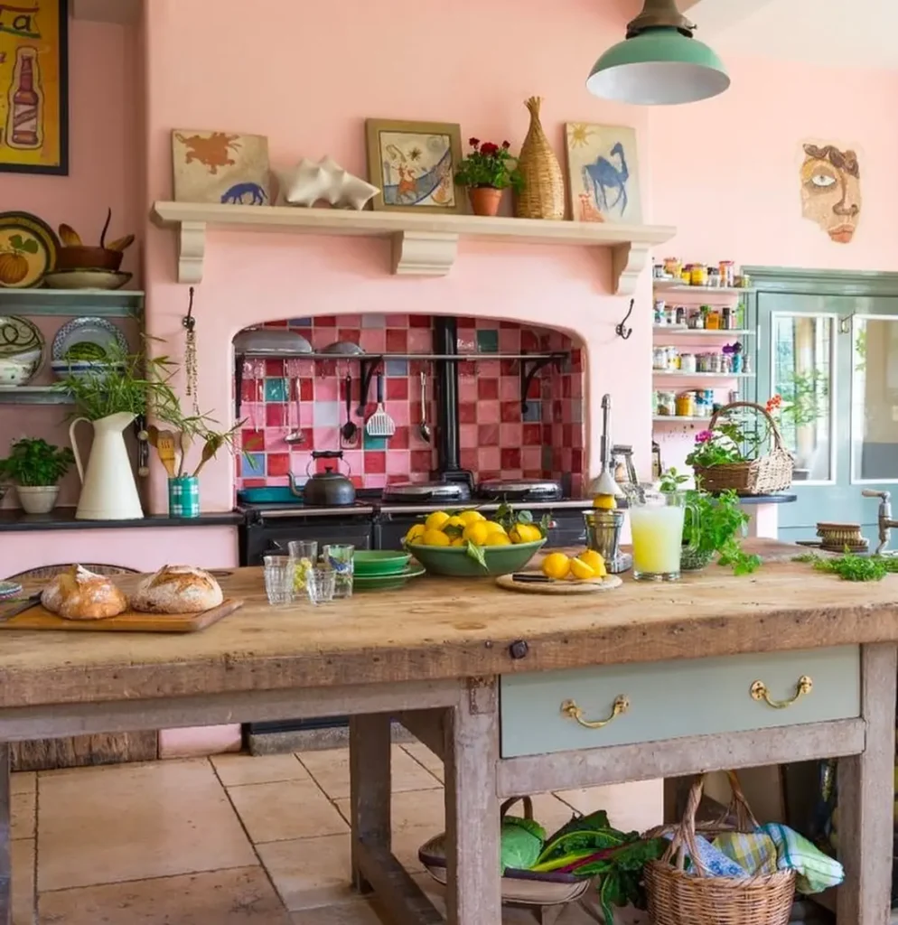 A rustic yet funky kitchen with a wooden island, fresh bread, lemons, herbs, and drinks; pink walls add charm while shelves display art and plants, and a tiled stove area completes the eclectic look.