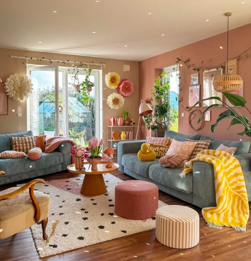 A brightly lit, eclectic living room with pastel-colored sofas, patterned cushions, a round wooden coffee table, indoor plants, and decorative wall hangings. Sunlight streams through large windows.