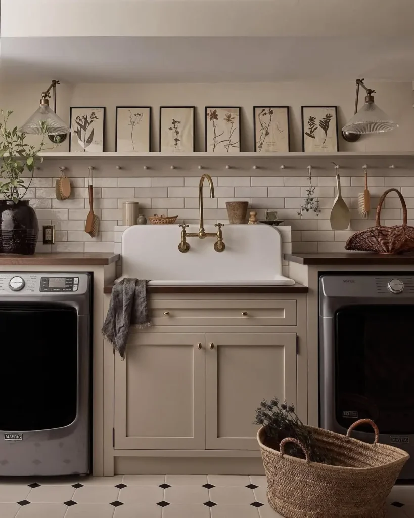 A farmhouse laundry room with a classic farmhouse sink, beige cabinets, washer and dryer, wall art, greenery, and baskets on a tiled floor.