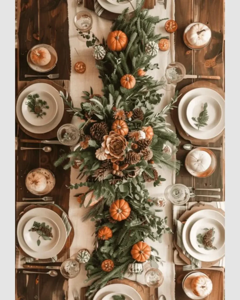 A rustic autumn-themed dining table features a beige table runner, white plates, silverware, pumpkins, pinecones, and greenery showcasing an inviting fall centerpiece with foraged finds adding natural charm.