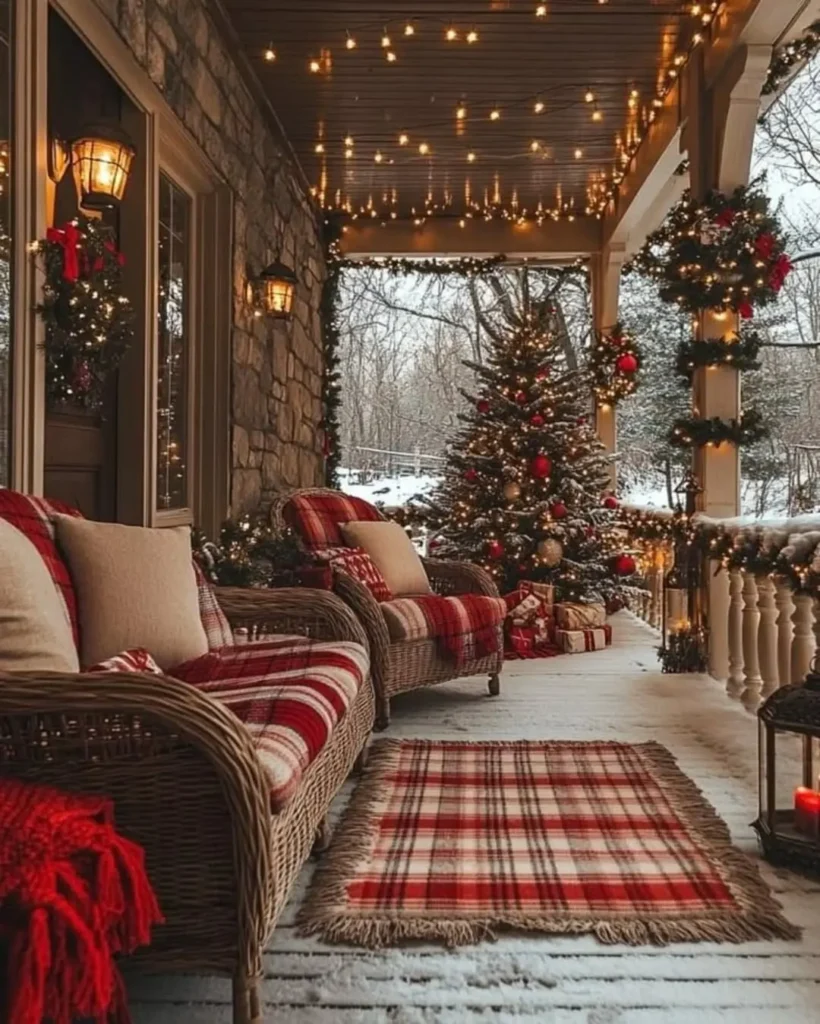 A porch decorated for Christmas with string lights, a tree with ornaments, wrapped gifts, plaid cushions and rug, and snowy surroundings.