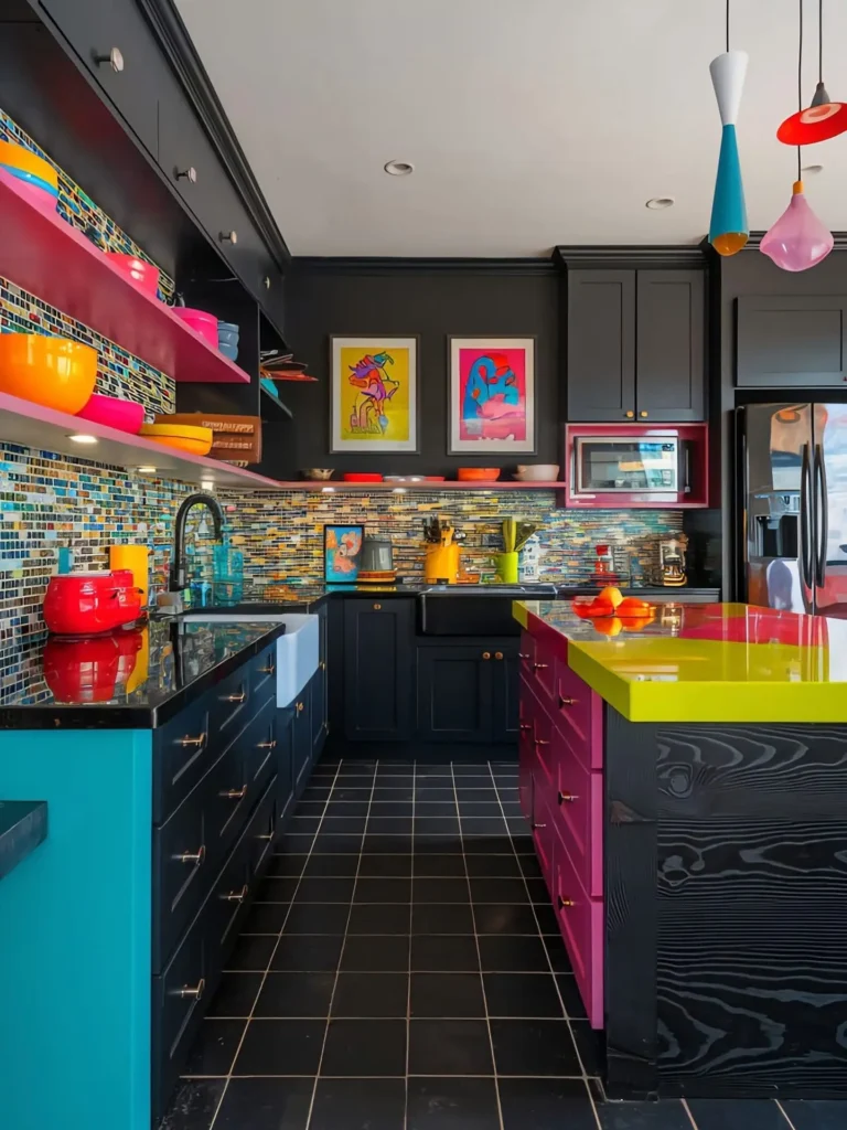 Colorful modern funky kitchen with black cabinets, bright green and pink island, multi-colored shelves, vibrant backsplash, and eclectic decor, including bold art and colorful kitchenware.