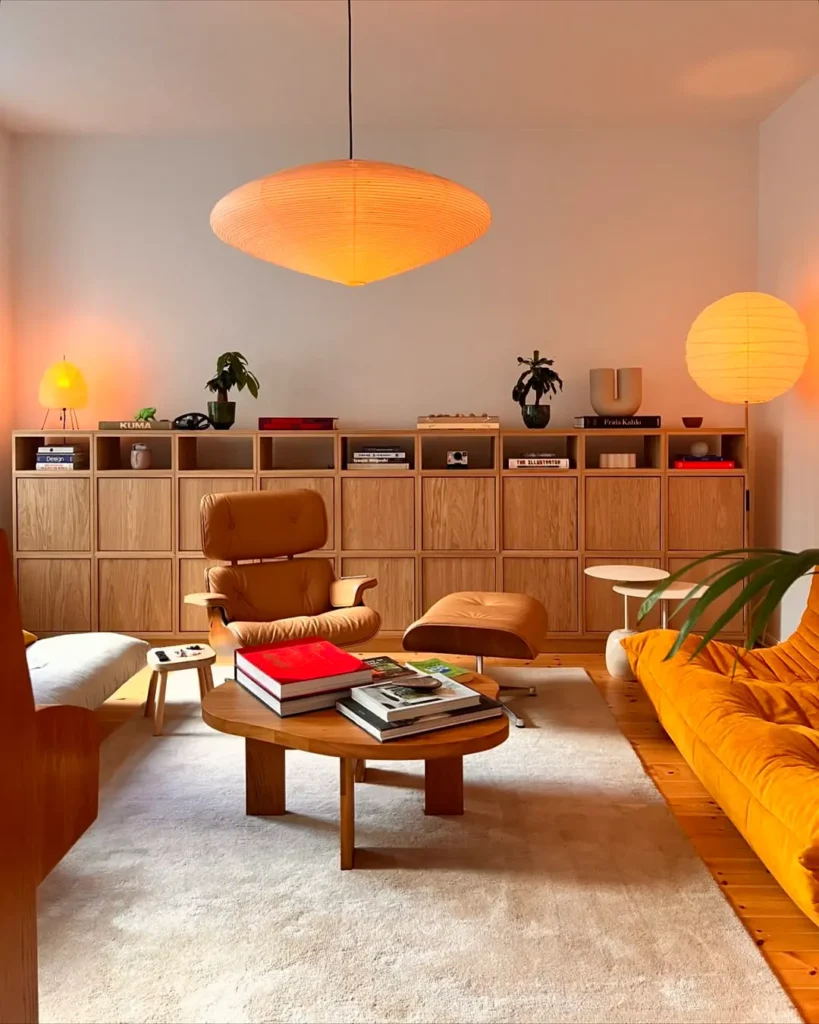 Mid-century modern living room featuring warm wood tones, an orange tufted sofa, and a leather lounge chair, with soft paper lantern lighting contrasting against the clean white walls and smooth textures for a balanced look.