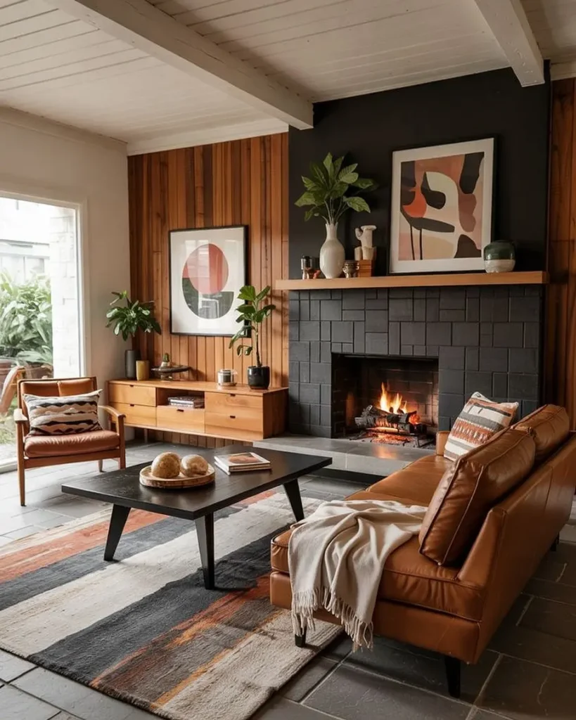 A mid-century modern living room featuring rich mid-century modern textures: a brown leather sofa, wood-paneled walls, black tile fireplace, abstract art, lush plants, and a coffee table atop a patterned rug.