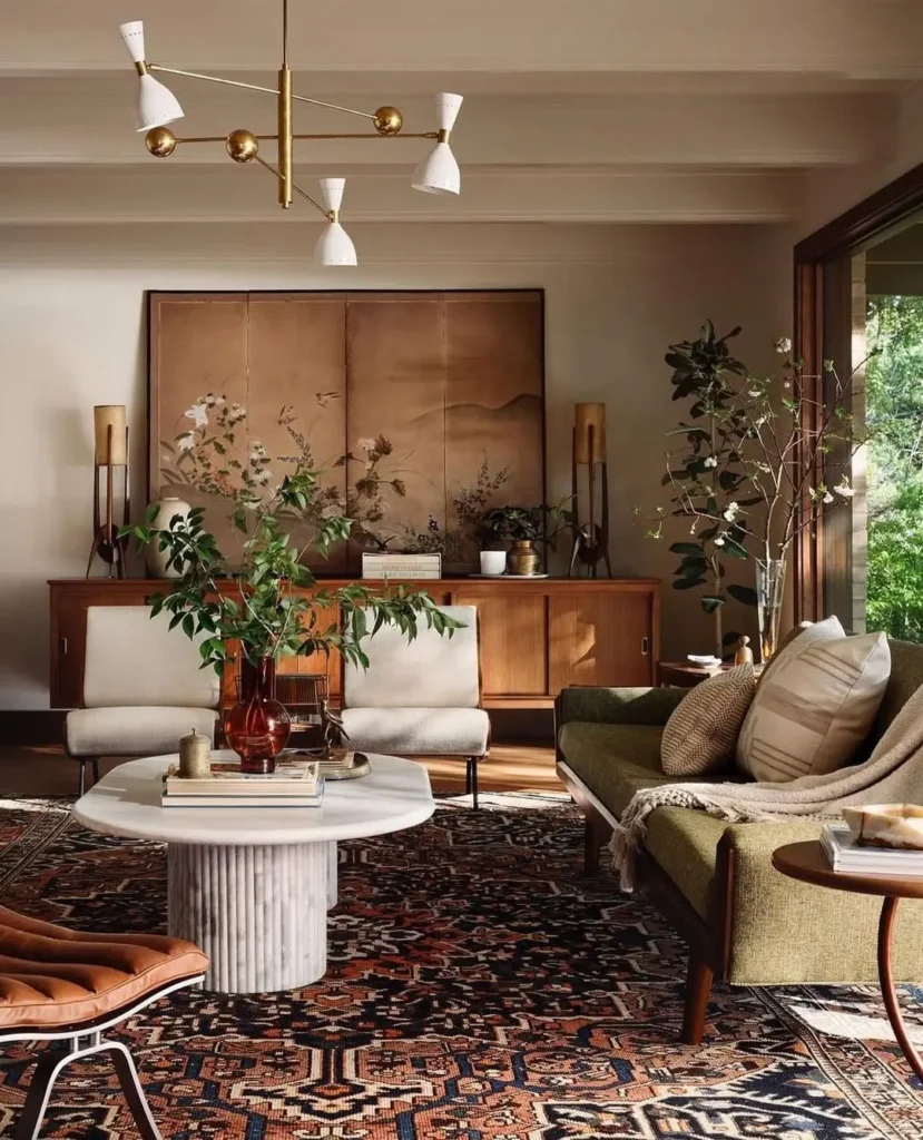 A mid-century modern living room featuring a green sofa, armchair, coffee table, and a patterned rug that adds texture. Plants and a wooden credenza sit against a wall adorned with artwork.