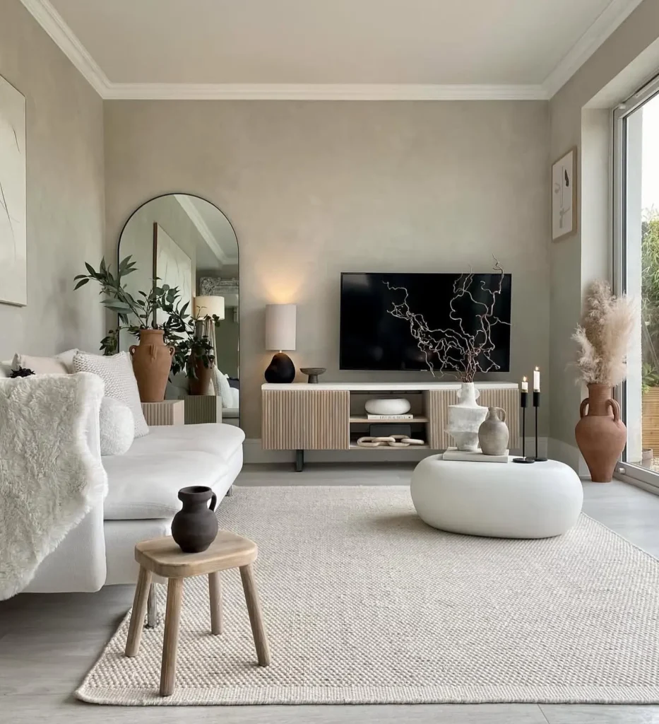 Modern minimalist living room with neutral colors, a white sofa, round ottoman, wooden stool, large TV, and decorative vases; large window fills the space with natural light.