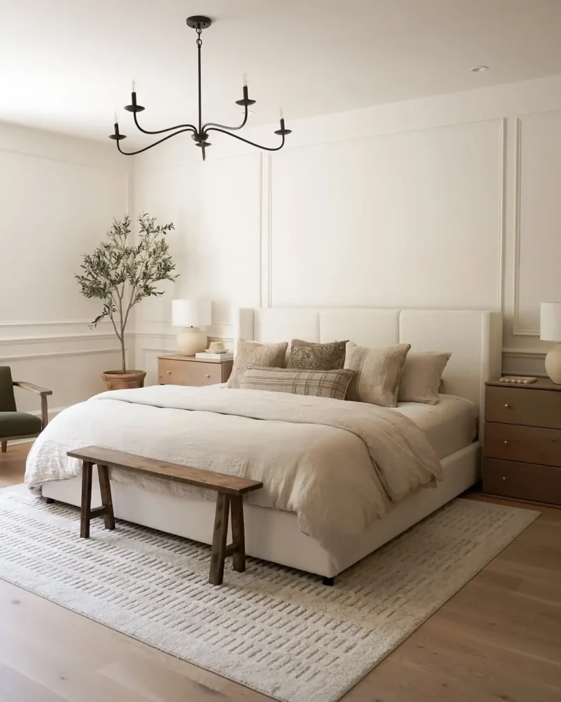 A modern minimalist bedroom with a large bed, neutral bedding, wooden bench, nightstands with lamps, a potted tree, and a black chandelier.