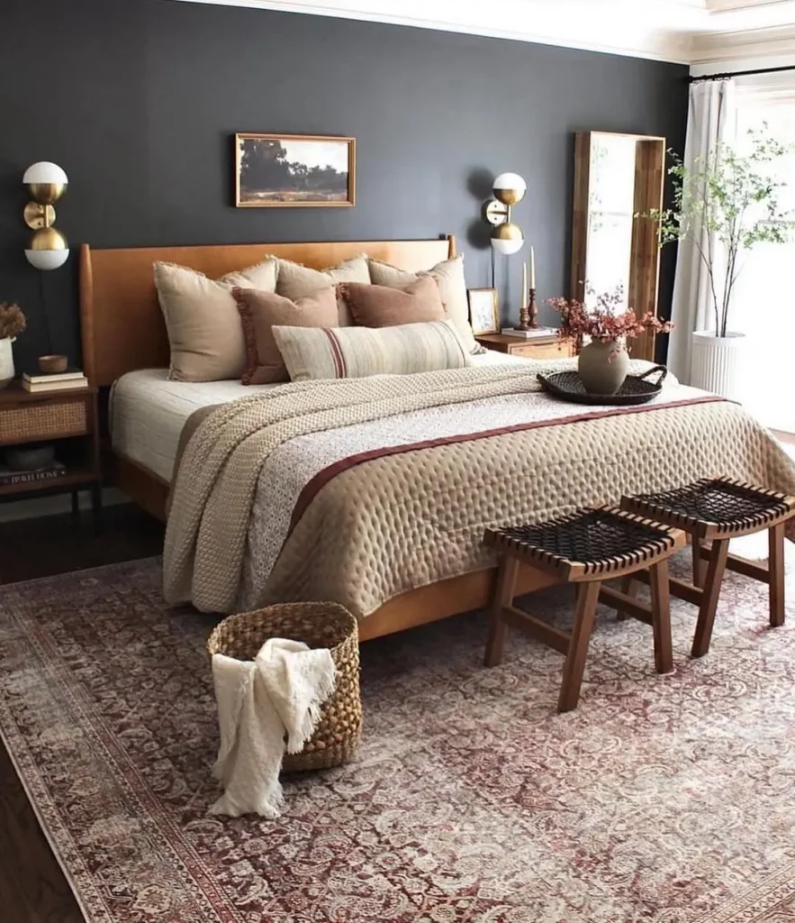 A modern bedroom with a dark accent wall, wooden bed frame, neutral bedding, two benches at the foot of the bed, nightstands, wall sconces, a rug, and a basket with a blanket creates the perfect modern fall retreat.