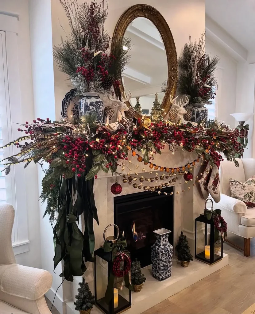A fireplace decorated for Christmas with garlands, red berries, ornaments, and greenery, flanked by vases, lanterns, and an oval mirror above the mantel.