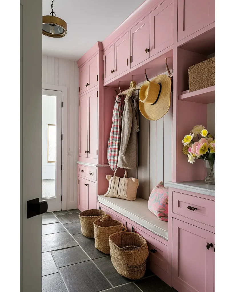 This stylish mudroom features pink cabinets, a built-in bench, woven baskets, hanging coats and hats, and a vase of flowers on the counter.
