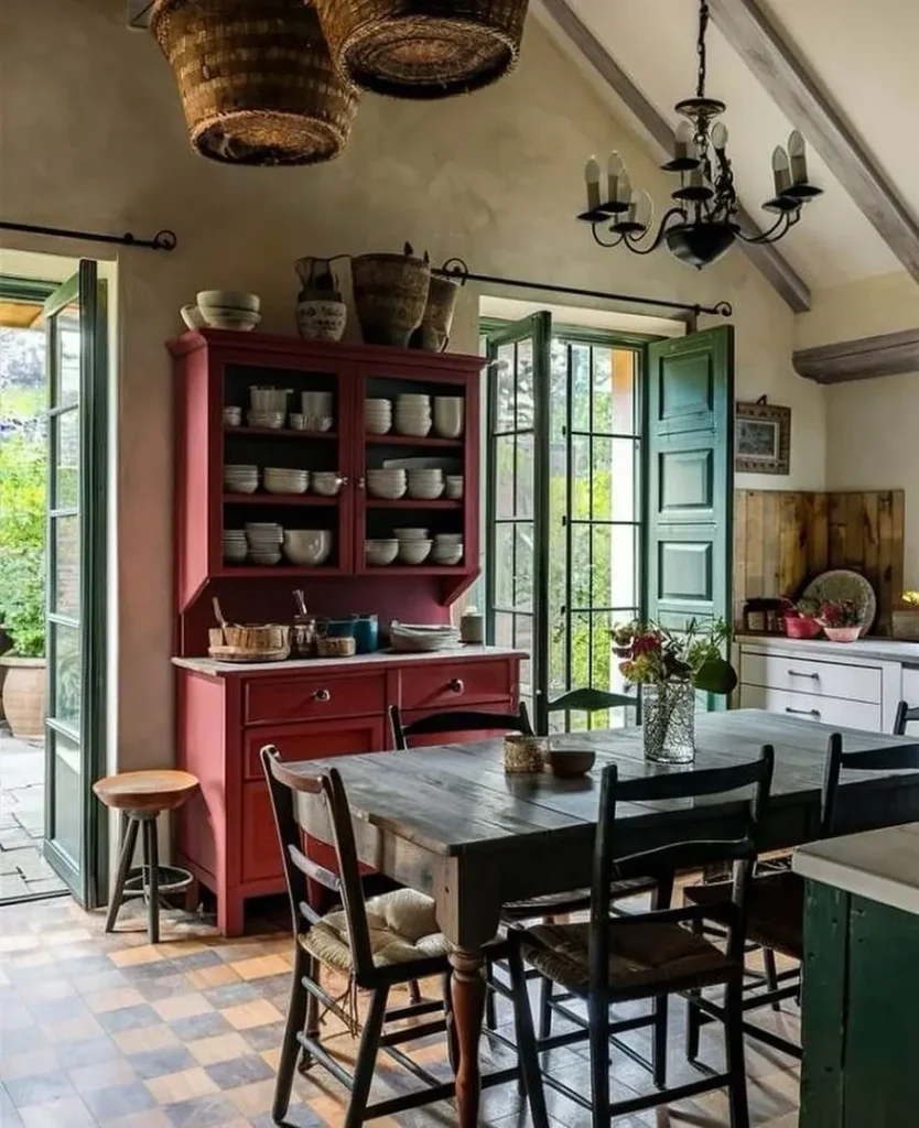 A rustic kitchen with a checkered floor, wooden dining table and chairs, red hutch with dishes, and a warm rustic color palette. Open double doors, baskets, and a chandelier add charm as sunlight streams in from outside.