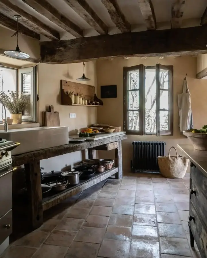 Rustic kitchen with exposed wood beams, stone tile floor, rustic wooden countertops, open shelving, and sunlight streaming through a window. Pots and kitchen items are neatly arranged for a charming countryside feel.