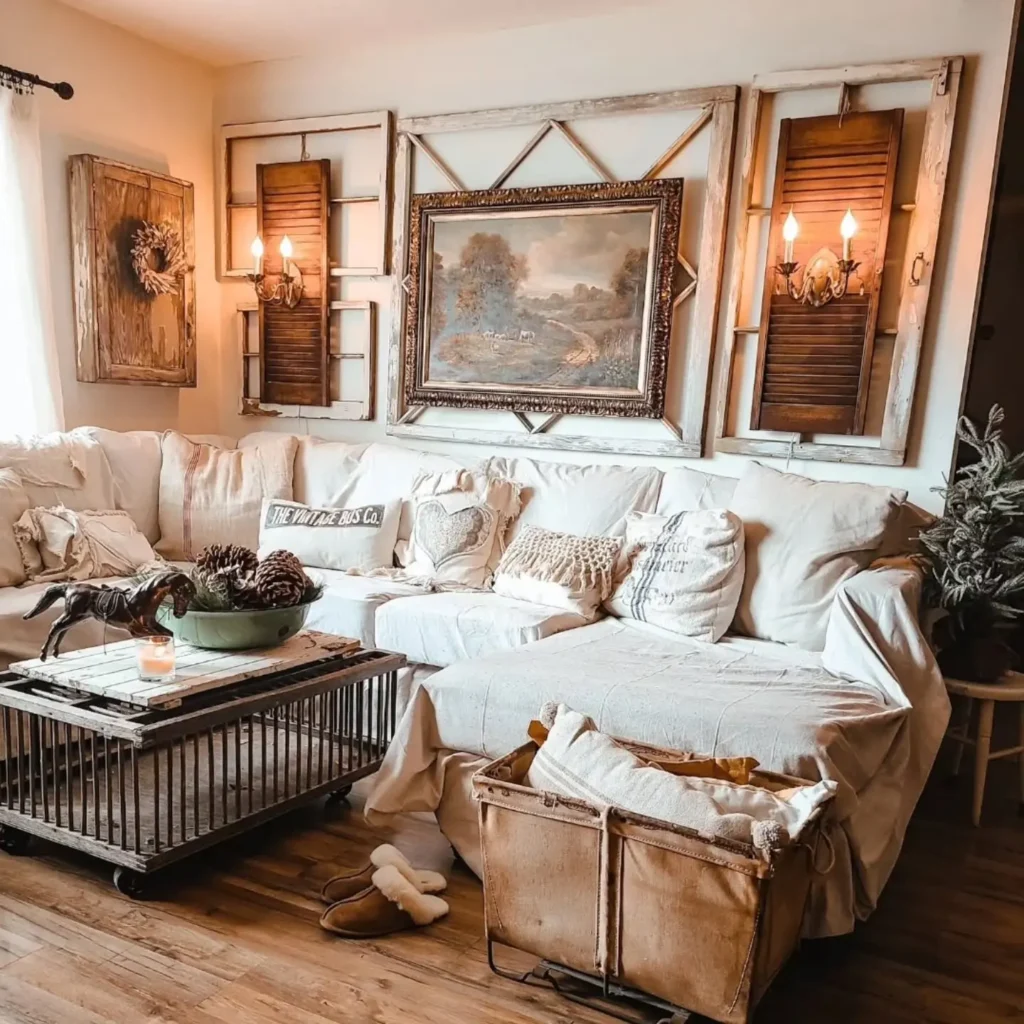 A cozy living room with a white sectional sofa, rustic coffee table, wall art in vintage frames, and soft lighting from two sconces. Neutral tones and rustic farmhouse decor dominate the space.