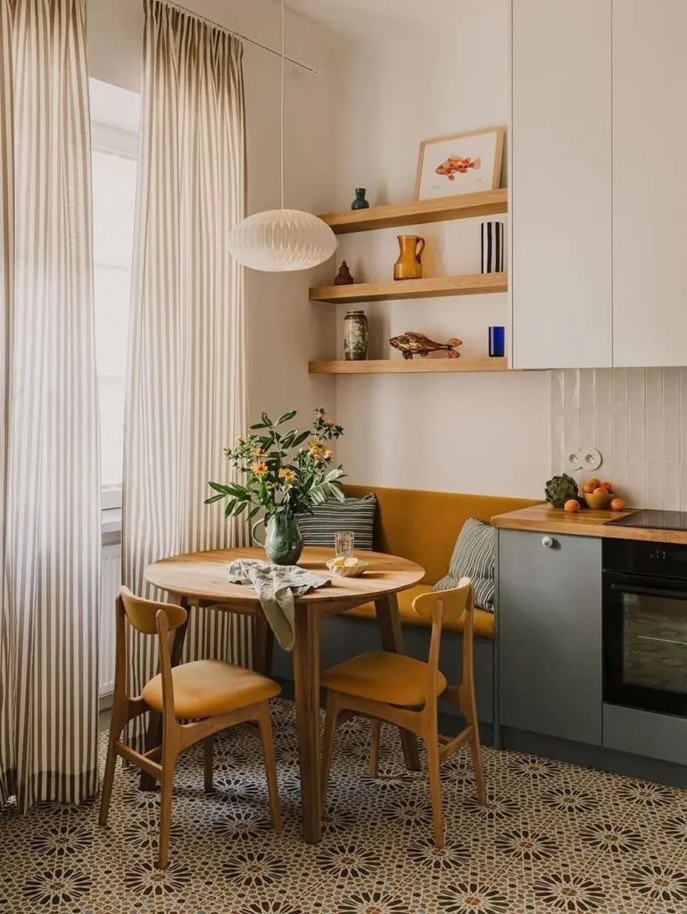 A small kitchen dining area with a round wooden table, yellow cushioned banquette, three chairs, patterned tile floor, and shelves with decor against a light-colored wall.
