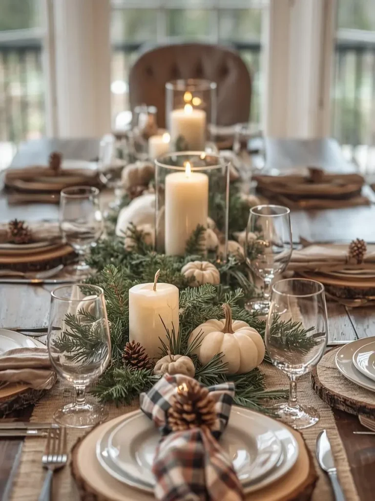 A wooden dining table is set with plates, glasses, plaid napkins, and decorated with white pumpkins, pinecones, greenery, and a thanksgiving candlelit centerpiece featuring glowing pillar candles.