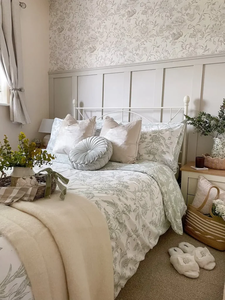 A neatly made bed with floral bedding, decorative throw pillows, and a round cushion in a softly lit bedroom. A basket with flowers, a nightstand with a vase, and slippers are nearby.