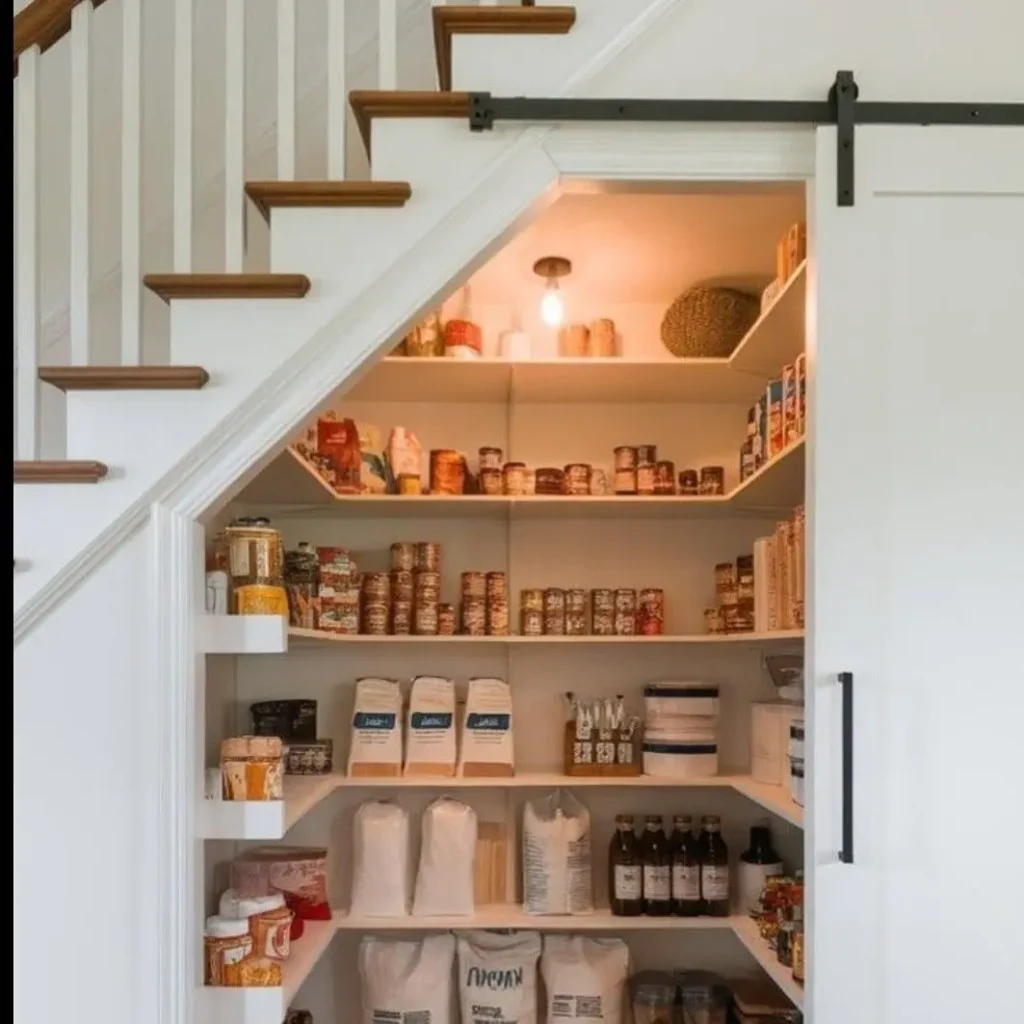 A neatly organized pantry under a staircase, stocked with canned goods, jars, bottles, and packages on white shelves, illuminated by a ceiling light.