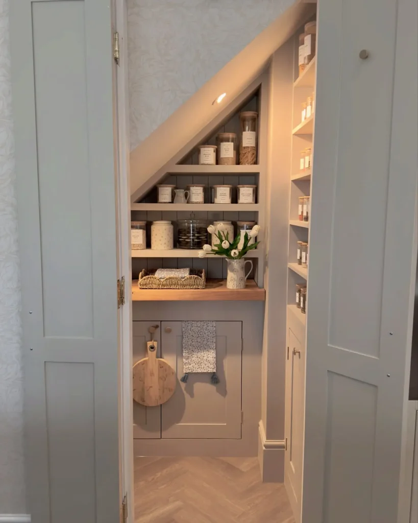 A small under stairs pantry with shelves holding labeled jars and containers, a countertop with a pitcher of flowers, cutting boards, and folded towels, all enclosed behind double doors.
