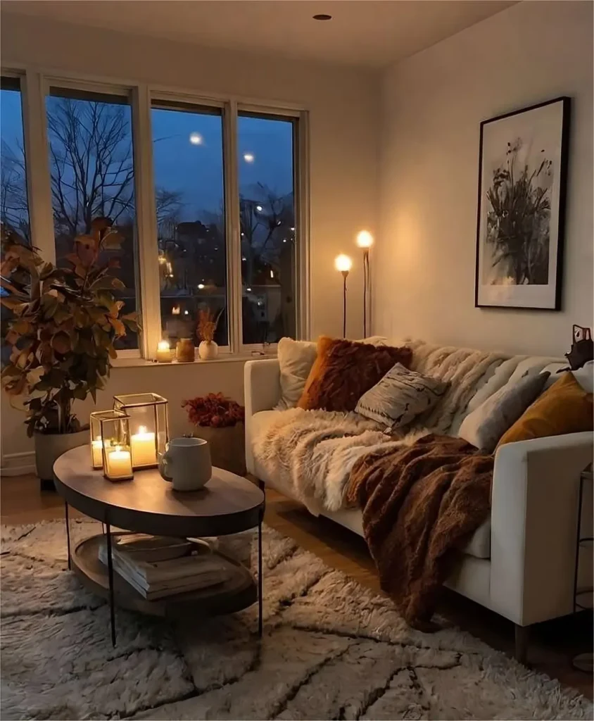 A cozy winter living room at dusk features a white sofa with fur throws, a coffee table with lit candles, a floor lamp, a large window, and framed art on the wall.
