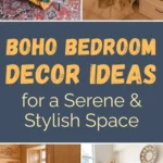 Collage pin showing boho bedroom decor ideas with layered bedding, warm neutral tones, textured throws, soft lighting, and cozy bohemian details for a serene and stylish bedroom.