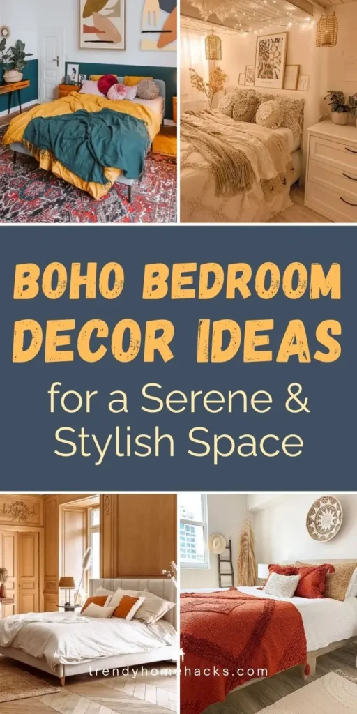Collage pin showing boho bedroom decor ideas with layered bedding, warm neutral tones, textured throws, soft lighting, and cozy bohemian details for a serene and stylish bedroom.