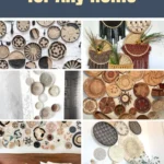 Collage of Boho wall basket decor ideas featuring woven baskets, natural textures, and various basket wall arrangements styled in different rooms.
