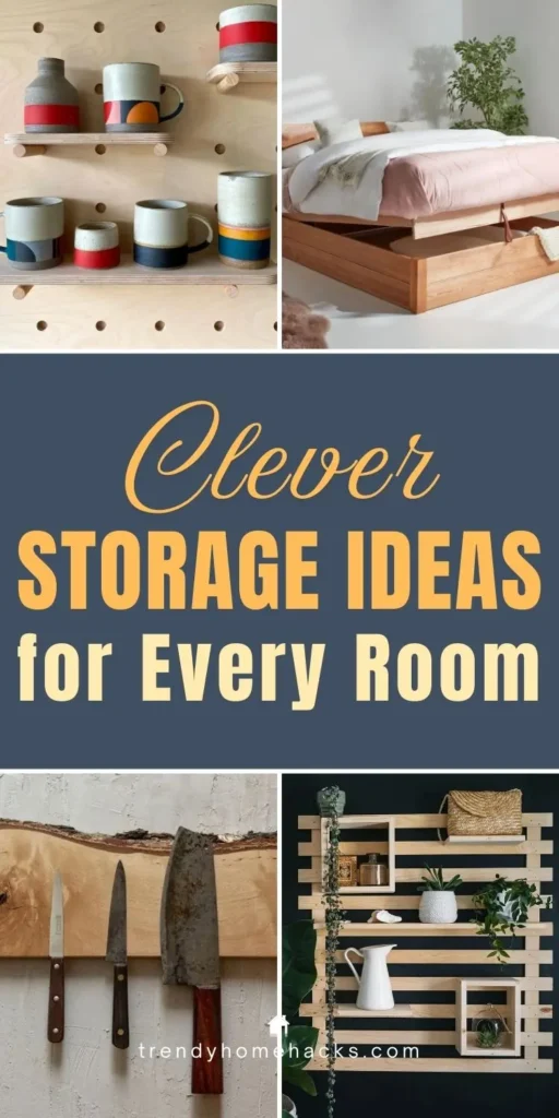 Clever storage ideas featuring wall-mounted shelves, under-bed storage, and creative vertical storage solutions for an organized and efficient home.