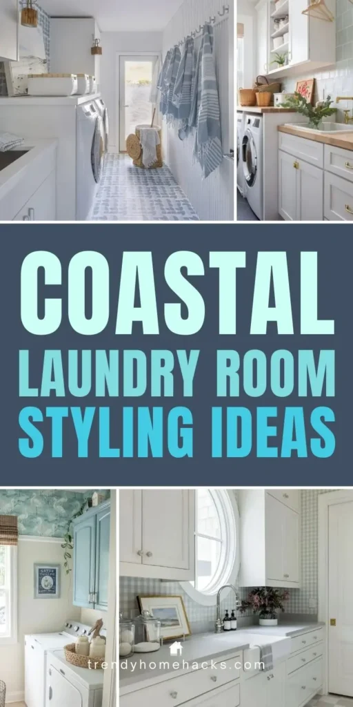 Collage pin showing coastal laundry room styling ideas with light blue cabinetry, white counters, woven baskets, striped textiles, and airy coastal decor in a bright laundry room.